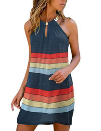 Fashion Navy Blue Stripes Nylon Stripe Crewneck Cutout Dress