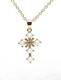 Fashion 1# Brass-set Pearl-set Zirconium Cross Necklace