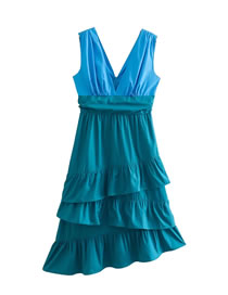 Fashion Blue V-neck Paneled Stacked Sleeveless Dress