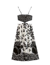 Fashion Black And White Floral Print Open-waist Slip Dress