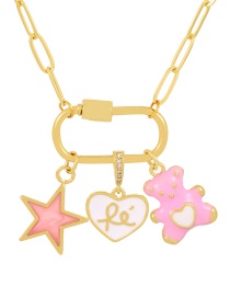 Fashion Pink Bronze Zircon Drop Oil Bear Alphabet Pentagram Pendant Necklace