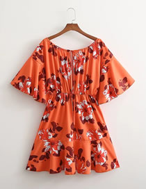 Fashion Orange Print Printed Lace-up Flare Sleeve Dress