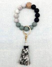 Fashion White Wood Beads Silicone Beads Beaded Leather Tassel Ring Keychain
