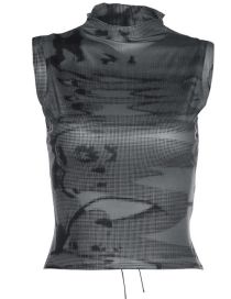 Fashion Black Sleeveless Crewneck Printed Tie Tank Top