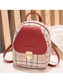 Fashion Red Pu Check Lock Large Capacity Backpack