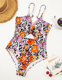 Fashion Color Polyester Print Cutout One Piece Swimsuit