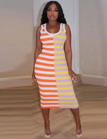 Fashion Pink Striped-print Crew-neck Sleeveless Dress
