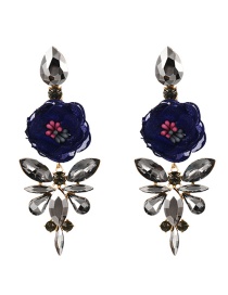 Fashion Navy Blue Alloy Diamond Water Drop Flower Stud Earrings