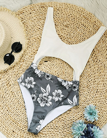 Fashion Milky White Top + White Flowers On Gray Background Blend Print Paneled Cutout Swimsuit