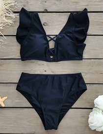 Fashion Black Solid Color Tie Cutout Ruffle Split Swimsuit