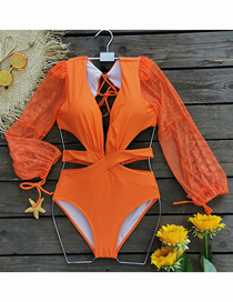 Fashion Orange Solid Color Cutout Puff Sleeve One-piece Swimsuit