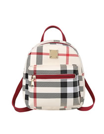Fashion Red Wine Pu Check Large Capacity Backpack