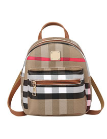 Fashion Brown Pu Check Large Capacity Backpack