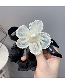 Fashion Beige Flower Pearl Overlock Floral Mesh Pleated Hair Tie