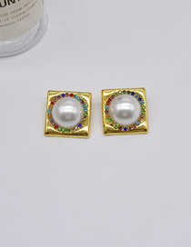Fashion Gold-2 Metal Diamond Pearl Square Stud Earrings