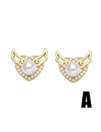 Fashion A Brass Diamond And Pearl Wings Heart Stud Earrings