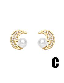 Fashion C Brass Diamond And Pearl Moon Stud Earrings