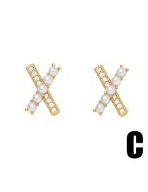 Fashion C Brass Diamond And Pearl Cross Stud Earrings