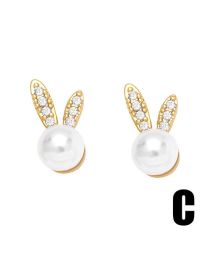 Fashion C Bronze Diamond And Pearl Rabbit Head Stud Earrings