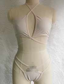 Fashion Beige Polyester Cross Halter Cutout Split Swimsuit