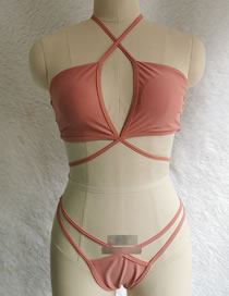Fashion Pink Polyester Cross Halter Cutout Split Swimsuit