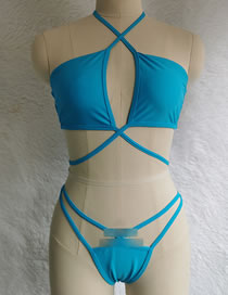 Fashion Lake Blue Polyester Cross Halter Cutout Split Swimsuit