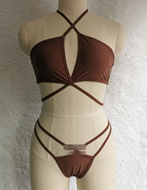 Fashion Brown Polyester Cross Halter Cutout Split Swimsuit
