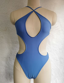 Fashion Dark Grey Blue Polyester Cross Halter Cutout One Piece Swimsuit