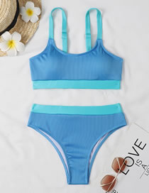 Fashion Blue Polyester Colorblock Pit Strip Swimsuit