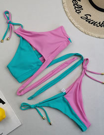 Fashion Pink + Blue Color-block Halterneck Tie Swimsuit