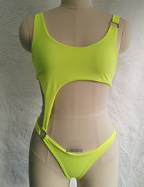 Fashion Fluorescent Green Solid Ring Cutout One-piece Swimsuit