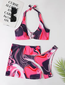 Fashion 6# Polyester Print Halter Neck Tie Split Swimsuit Three Piece