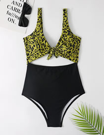 Fashion Green Polyester Leopard Print Lace-up Cutout One-piece Swimsuit