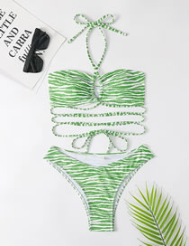 Fashion Green Polyester Print Halter Neck Tie One Piece Swimsuit