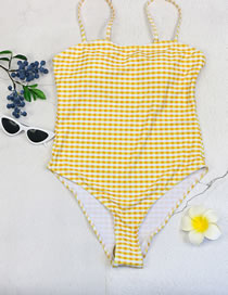 Fashion Yellow Polyester Check One Piece Swimsuit