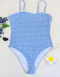 Fashion Blue Polyester Check One Piece Swimsuit