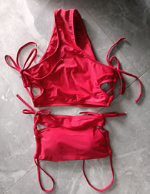 Fashion Red Solid Color High Waist Tube Top Tie Swimsuit