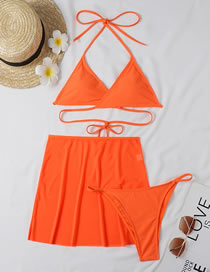 Fashion Orange Polyester Tie-dye Halter Tie Split Swimsuit Three Piece
