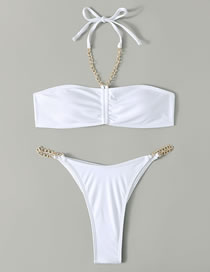 Fashion White Polyester Chain Panel Halter Tie Split Swimsuit