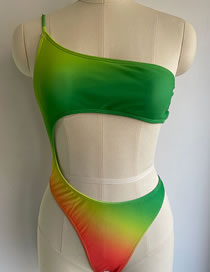 Fashion Green Gradient Polyester Gradient One-shoulder Cutout One-piece Swimsuit