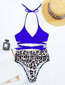 Fashion Blue Polyester Halter Tie Leopard Print Swimsuit