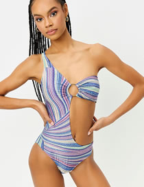 Fashion 2# Polyester Stripe Open Waist Ring One-piece Swimsuit