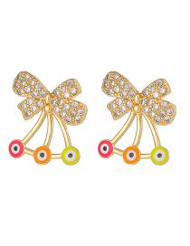 Fashion Color Copper Inlaid Zirconia Bow Oil Eye Stud Earrings