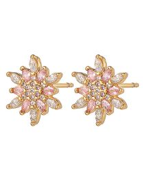 Fashion Pink Copper Gold Plated Floral Stud Earrings With Diamonds