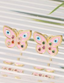 Fashion Pink Copper Gold Plated Diamond Oil Eye Butterfly Stud Earrings