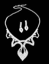 Fashion Silver Geometric Diamond Tassel Stud Necklace Set