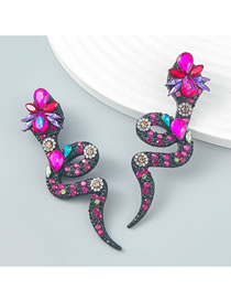 Fashion Rose Red Alloy Diamond Snake Flower Stud Earrings