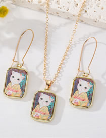 Fashion Cat Suit Alloy Mummy Print Square Earring Necklace Set