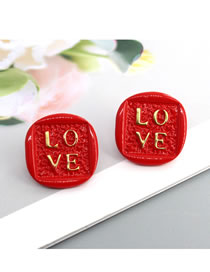 Fashion Red Love Earrings Alloy Letter Square Stud Earrings