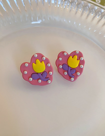 Fashion Pink Alloy Set Pearl Tulip Heart Stud Earrings